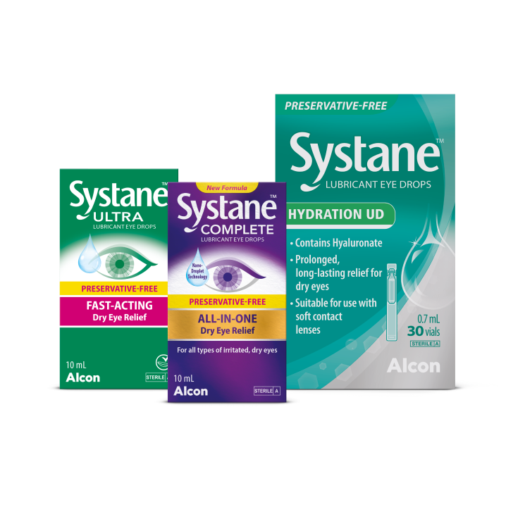 Systane Preservative Free Range Pack Shots, from left to right: Systane Ultra Preservative Free lubricant eye drops, Systane Complete Preservative Free lubricant eye drops and Systane Hydration Unit Dose lubricant eye drops pack shots.