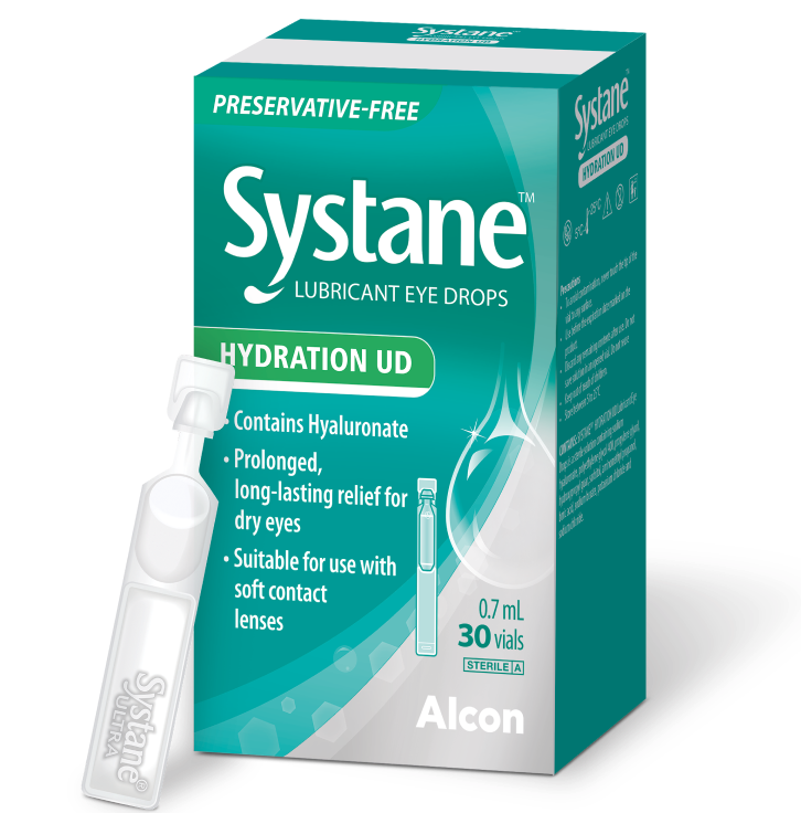 Systane Hydration Unit Dose Lubricant Eye Drops vial and product box