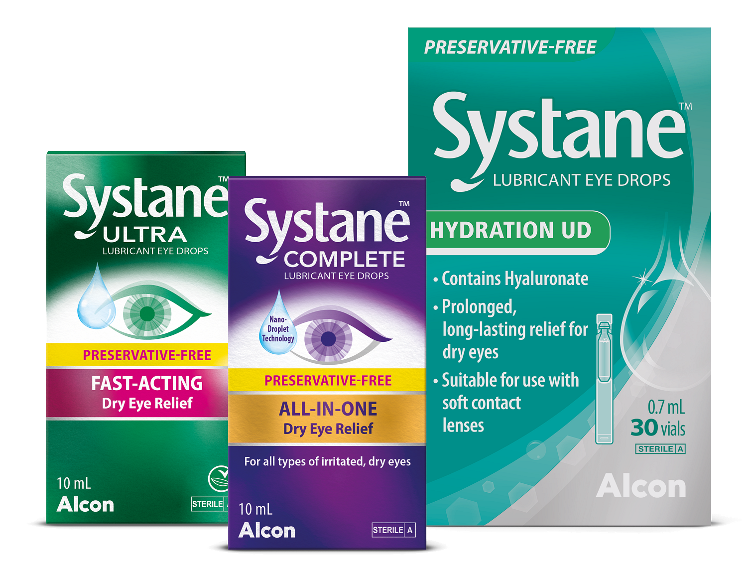 Systane Preservative Free Range Pack Shots, from left to right: Systane Ultra Preservative Free lubricant eye drops, Systane Complete Preservative Free lubricant eye drops and Systane Hydration Unit Dose lubricant eye drops pack shots.