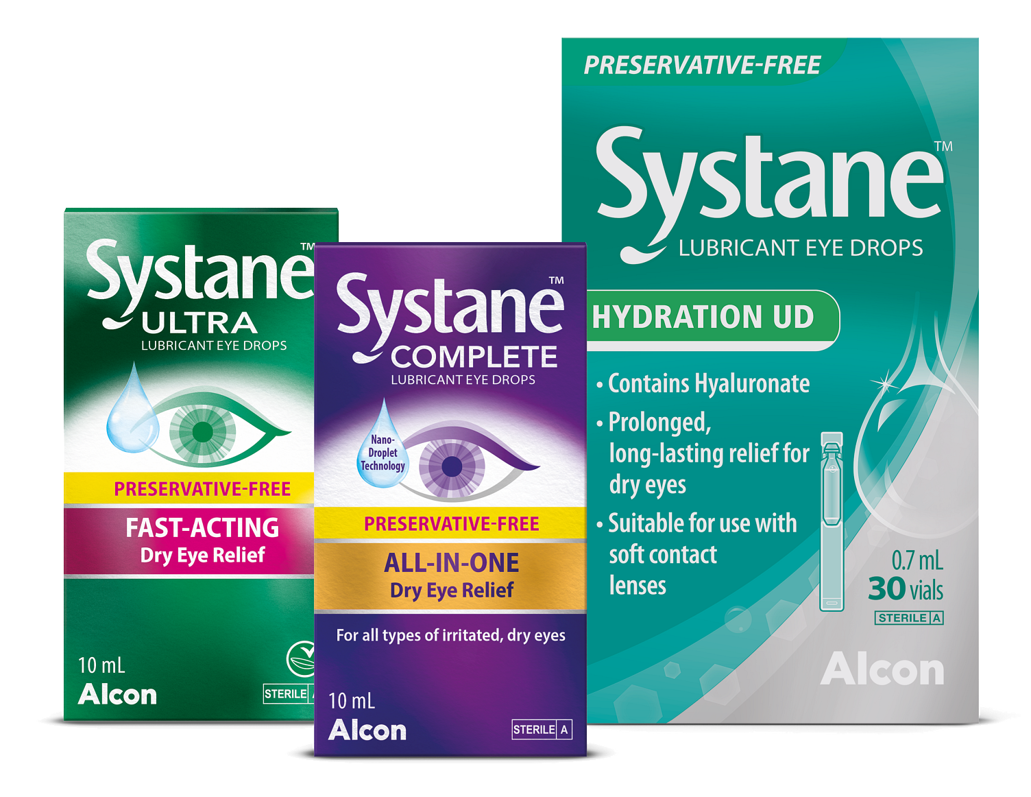 Systane Preservative Free Range Pack Shots, from left to right: Systane Ultra Preservative Free lubricant eye drops, Systane Complete Preservative Free lubricant eye drops and Systane Hydration Unit Dose lubricant eye drops pack shots.