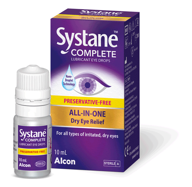 Systane Complete Preservative Free Lubricant Eye Drops box and bottle