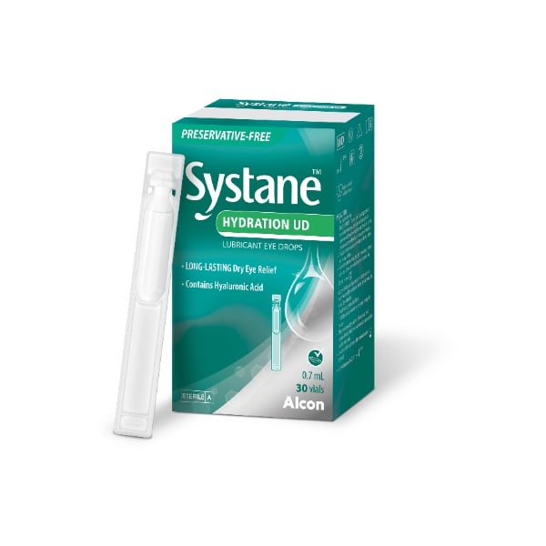 Systane Hydration Unit Dose Lubricant Eye Drops vial and product box