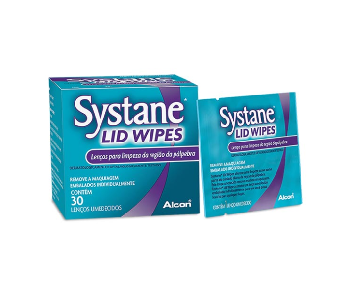 Caixa do produto e pacote de lenços umedecidos Systane® Lid Wipes, Eyelid Cleansing Wipes
