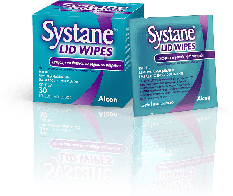 Caixa do produto e pacote individual de lenços umedecidos Systane® Lid Wipes, Eyelid Cleansing Wipes