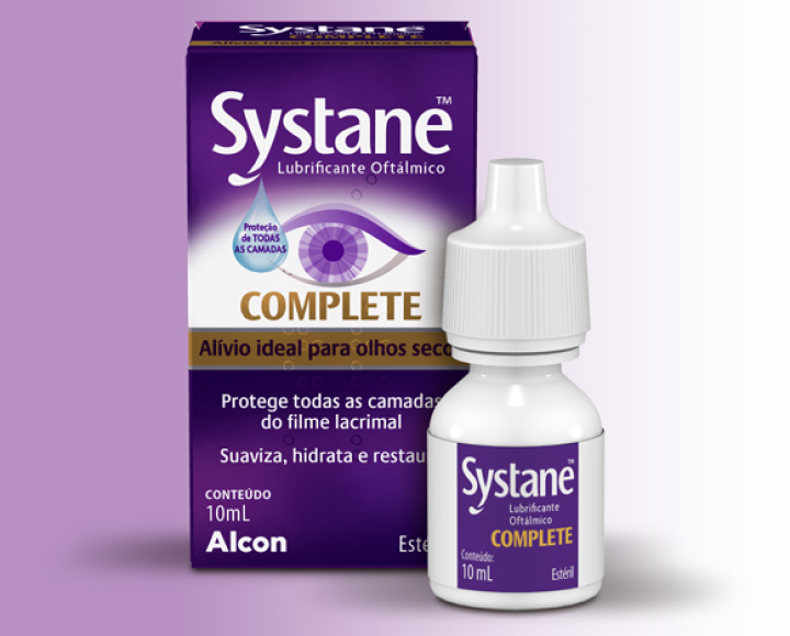 Caixa do produto colírio Systane® Complete e embalagem do frasco da Alcon