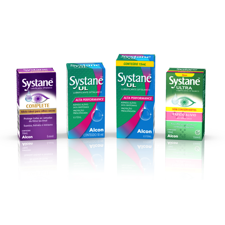 Caixas de produtos e frascos de colírios lubrificantes sem conservantes Systane Complete, UL e Ultra