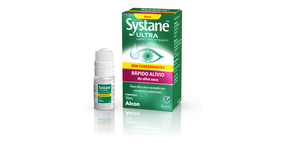 Caixa do frasco e caixa do produto colírio Systane® Ultra sem conservantes para os olhos