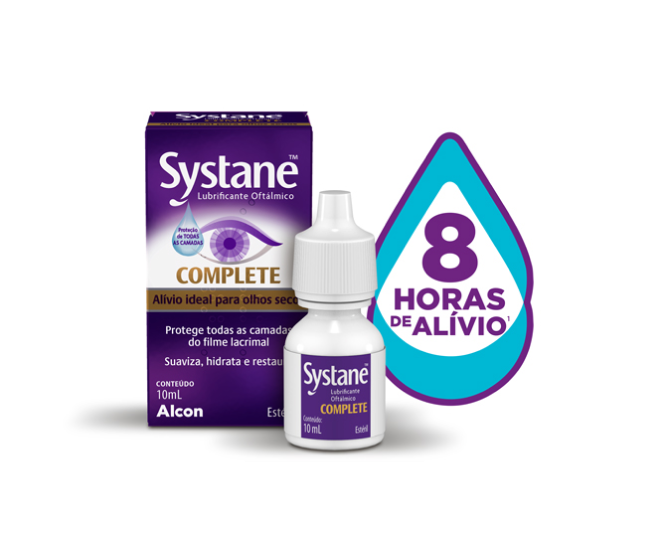Embalagem do frasco e caixa do produto colírio Systane® Complete com 8 horas de alívio