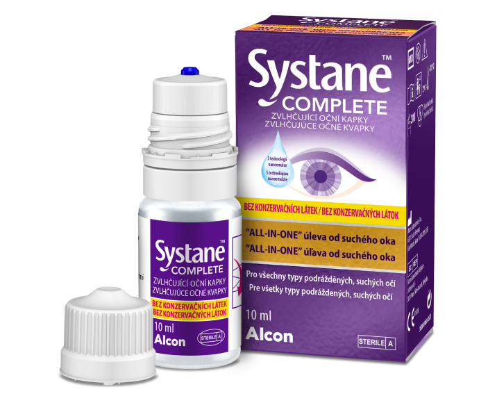 Krabička a lahvička očních kapek Systane® COMPLETE bez konzervačních látek