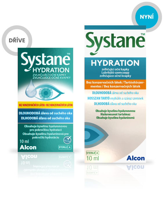 Nové balení a krabička zvlhčujících očních kapek Systane® Hydration bez konzervačních látek