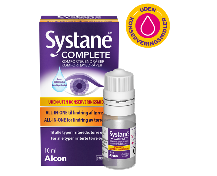 Systane® Complete-øjendråber uden konserveringsmiddel, produktæske og karton med hætteglas