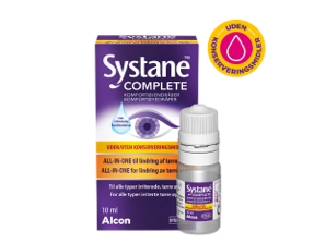 Systane® Complete-øjendråber uden konserveringsmiddel, produktæske og karton med hætteglas