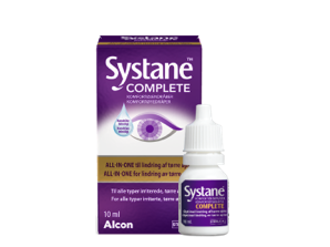 Systane® Complete-øjendråber, produktæske og karton med hætteglas
