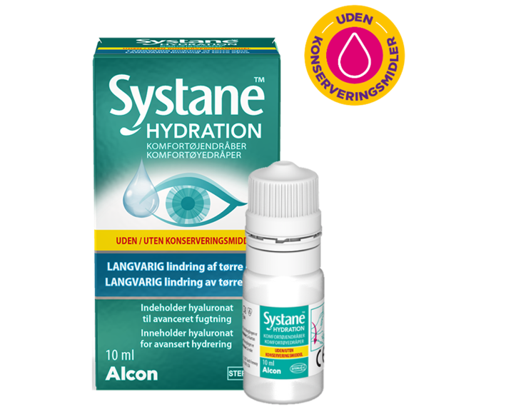 Systane® Hydration-øjendråber uden konserveringsmiddel, karton med hætteglas og produktæske