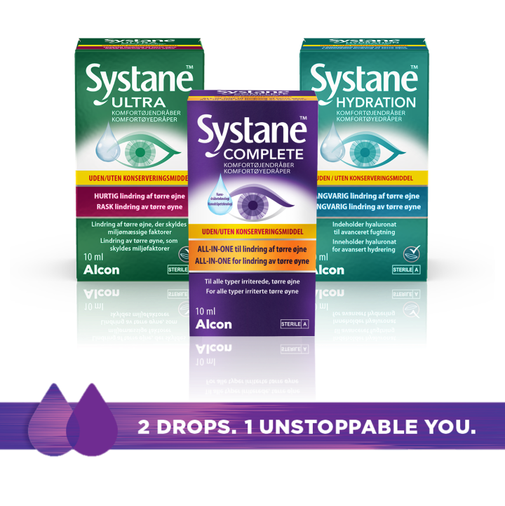 Produktæsker med Systane Ultra, Systane Complete og Systane Hydration: smørende øjendråber uden konserveringsmiddel. To dråber – ét ustoppeligt dig!