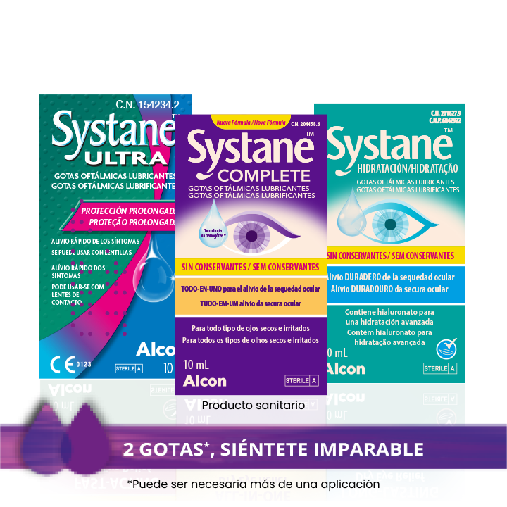 Cajas de producto de Systane Ultra, Systane Complete y Systane Hidratación — 2 gotas, sientete imparable