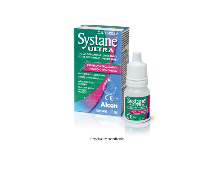 Gotas lubricantes Systane® Ultra vial y caja de producto
