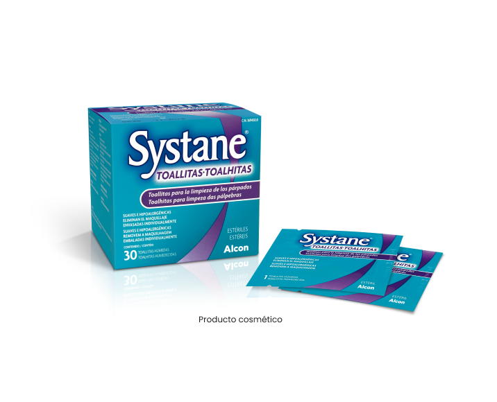 Toallitas limpieza palpebral y caja de producto de Systane® toallitas