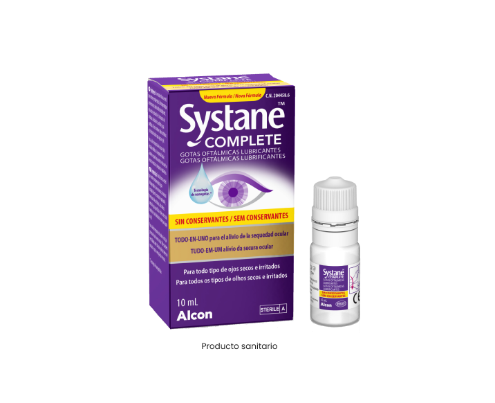 Nuevas gotas oftálmicas Systane® Complete sin conservantes caja de producto y vial