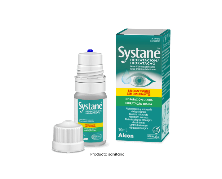 Gotas hidratantes sin conservantes Systane® Hidratación vial y caja de producto
