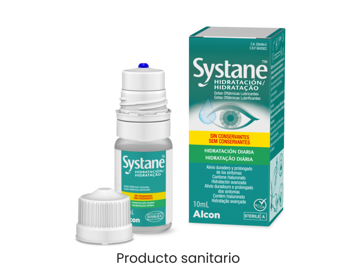 Gotas hidratantes sin conservantes Systane® Hidratación vial y caja de producto