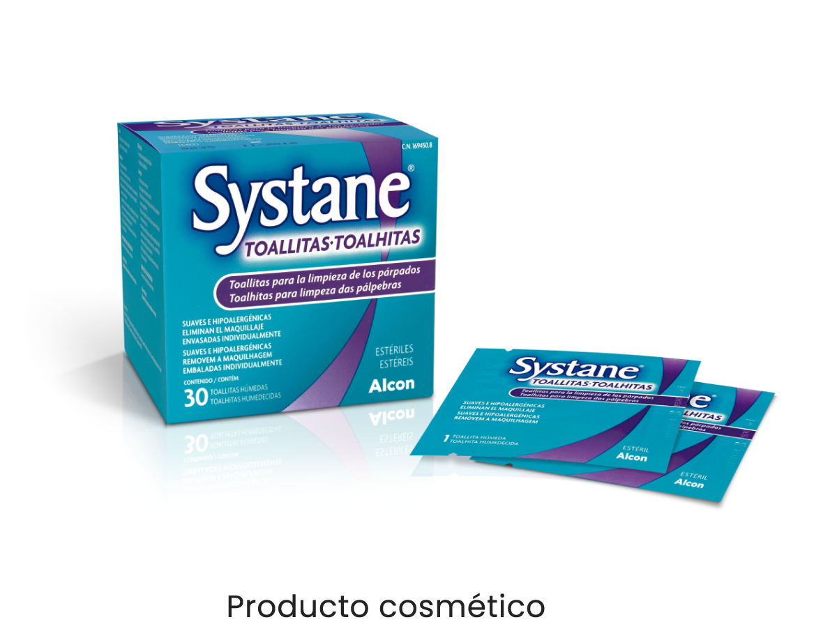 Toallitas limpiadoras palpebrales Systane® caja de producto y paquetes de toallitas