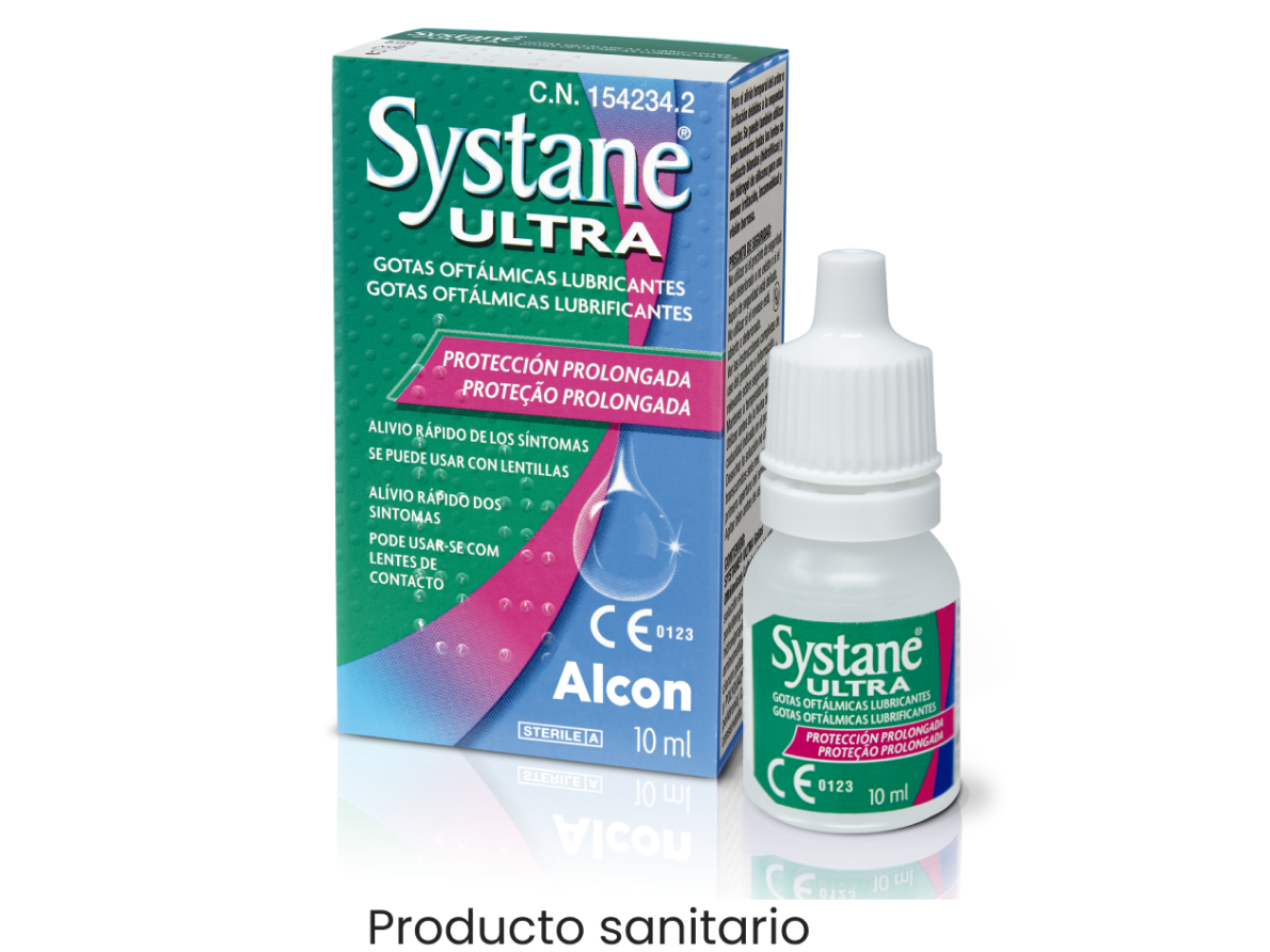 Gotas lubricantes Systane® Ultra vial y caja de producto