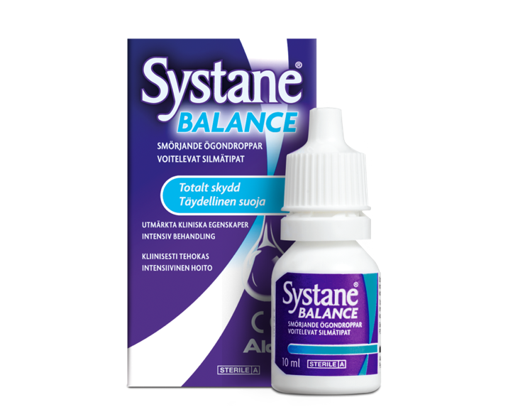 Systane® Balance voitelevien silmätippojen pullolaatikko ja tuotepakkaus