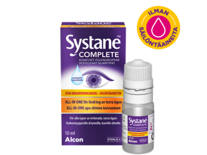 Säilöntäaineettomien Systane® Complete silmätippojen tuotepakkaus ja pullolaatikko