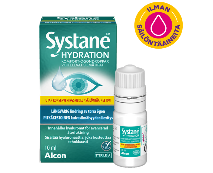 Säilöntäaineettomien Systane® Hydration silmätippojen pullolaatikko ja tuotepakkaus