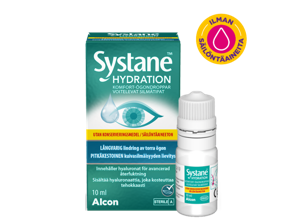 Säilöntäaineettomien Systane® Hydration voitelevien silmätippojen pullolaatikko ja tuotepakkaus
