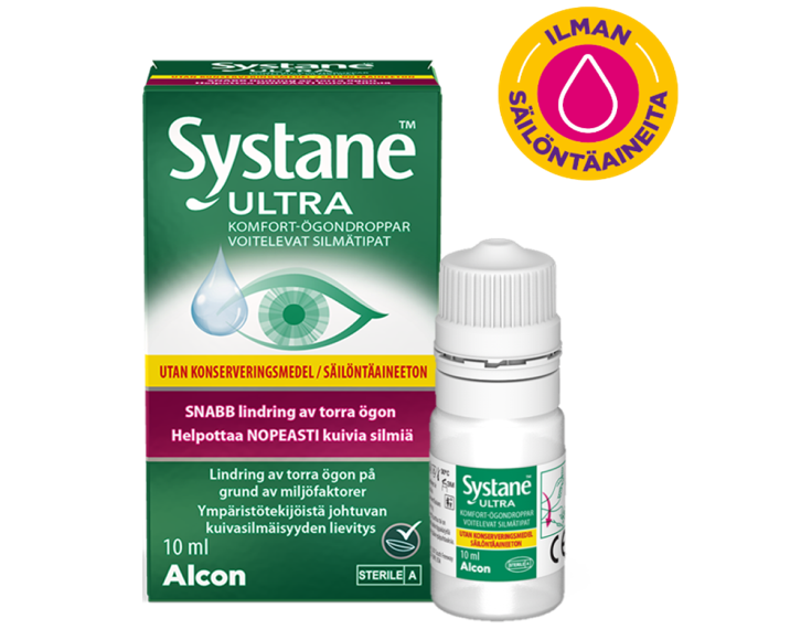 Säilöntäaineettomien Systane® Ultra silmätippojen moniannospullolaatikko ja tuotepakkaus