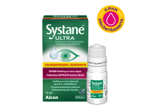 Säilöntäaineettomien Systane® Ultra voitelevien silmätippojen pullolaatikko ja tuotepakkaus