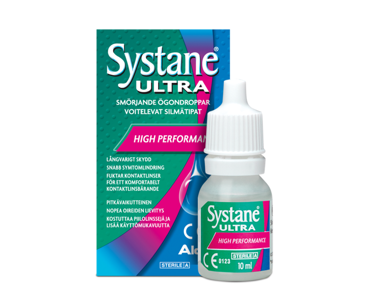 Systane® Ultra voitelevien silmätippojen pullolaatikko ja tuotepakkaus
