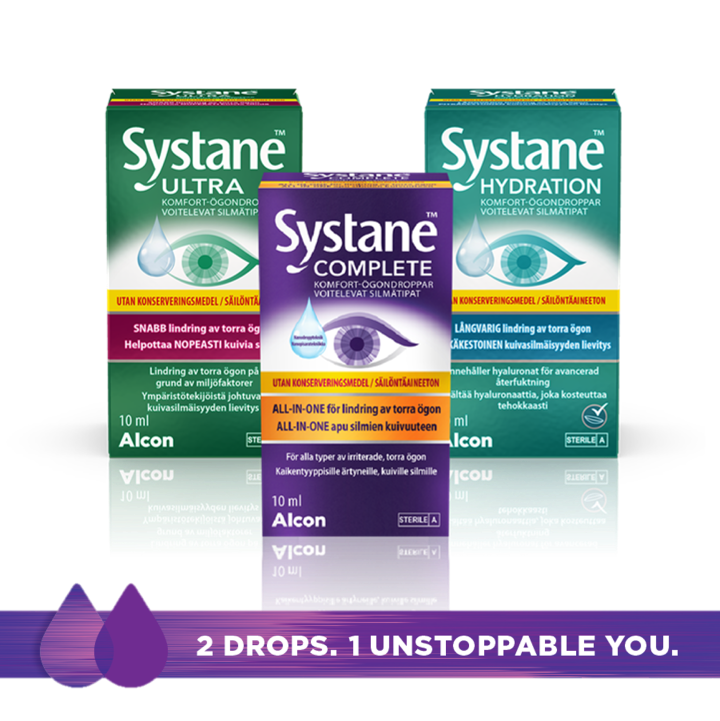 Systane Ultra, Systane Complete ja Säilöntäaineeton Systane Hydration voitelevien silmätippojen tuotepakkaukset – 2 Drops. 1 Unstoppable You