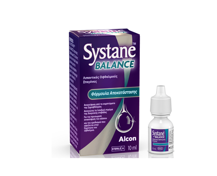 Οφθαλμικές σταγόνες Systane® Balance Eye Drops κουτί πρϊόντος και φιαλίδιο