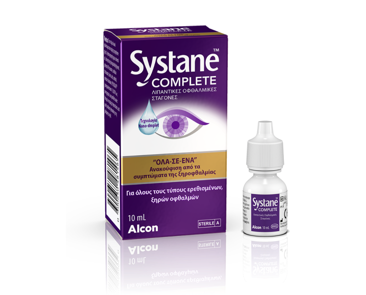Οφθαλμικές σταγόνες Systane® Complete κουτί προϊόντος και φιαλίδιο