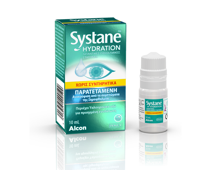 Οφθαλμικές σταγόνεςSystane® Hydration Χωρίς συντηρητικά  κουτί προϊόντος και φιαλίδιο