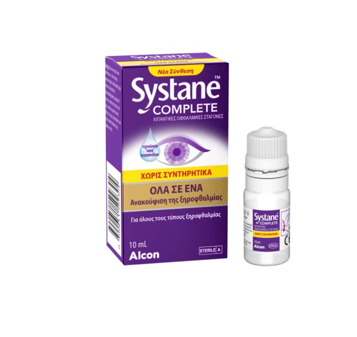 Νέες οφθαλμικές σταγόνες  Systane® Complete Χωρίς συντηρητικά κουτί προϊόντος και φιαλίδιο