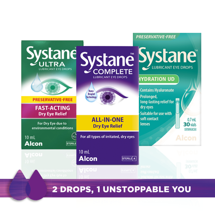 product boxes for Systane Ultra Preservative-free fast-acting, Systane Complete allin-in-one, and Systane Hydration UD Preservative-free Lubricant Eye Drops — 2 drops, 1 unstoppable you