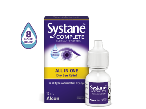Systane® Complete All-In-One Dry Eye Relief Lubricant Eye Drops product box and vial carton — 8 hour relief
