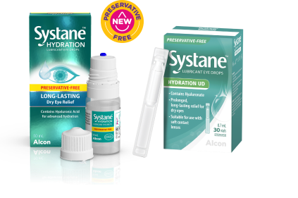 Systane® Hydration UD Preservative-free Lubricant Eye Drops vial and product box