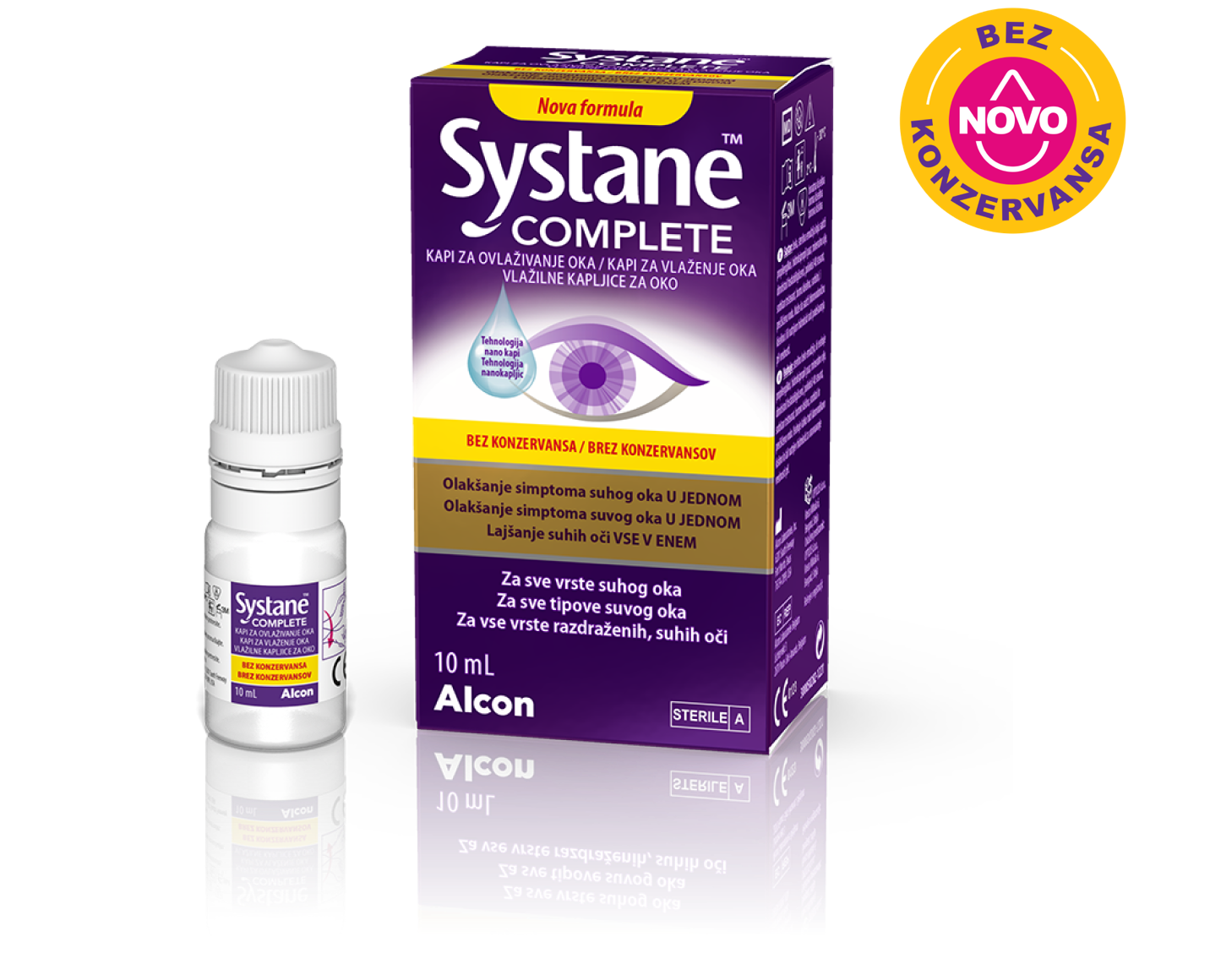 Systane® Complete bez konzervansa kapi za oči kutija proizvoda i kartonska kutija bočice