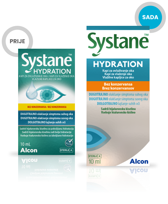 Systane® Hydration bez konzervansa kapi za oči, kutija proizvoda i kartonska kutija bočice.