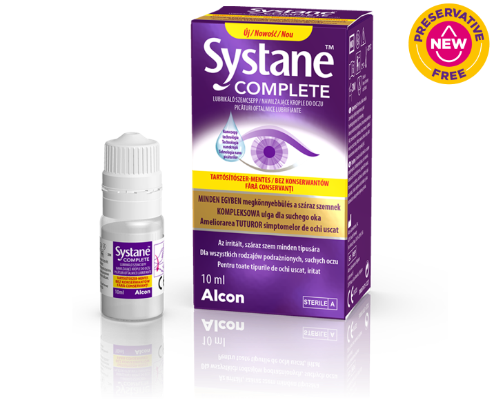 Systane® Complete tartósítószer-mentes szemcsepp termékdoboz és többadagos flakonja