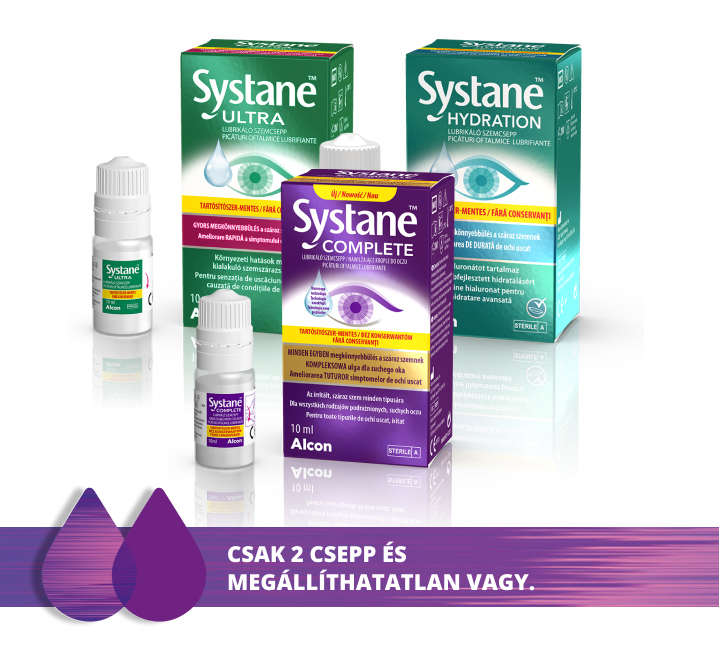 Systane Ultra, Systane Complete és Systane Hydration tartósítószer-mentes lubrikáló szemcseppek termékdobozai – csak 2 csepp és megállíthatatlan vagy