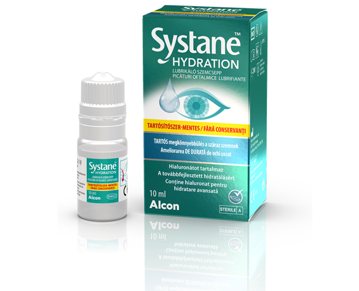 Systane® Hydration tartósítószer-mentes szemcsepp termékdoboza és többadagos flakonja