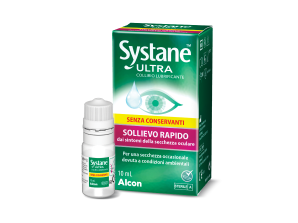 Confezione prodotto e contenitore fiale multidose Gocce occhi lubrificanti Systane® Ultra senza conservanti