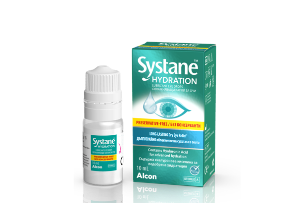 Systane® Hydration лубрикантни капки за очи без конзерванси  картонска амбалажа со повеќе дози и кутија со производ