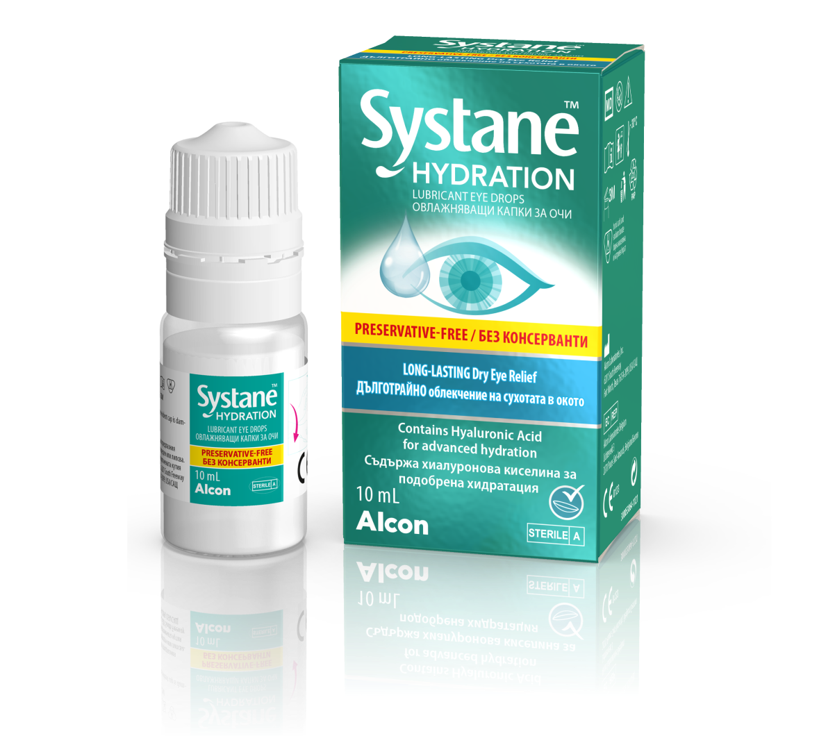 Systane® Hydration капки за очи без конзерванси картонска амбалажа со повеќе дози и кутија со производ